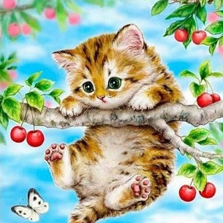 Chaton perché dans le cerisier - 20x25 à 50x60 cm - Kit de mosaïque Kit de broderie mosaïque 20 x 25 cm Brodeuses.com