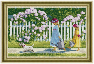 Jeunes filles au jardin - 44x31 à 66x45 cm - Kit de broderie Kit de broderie au point de croix 44 x 31 cm Brodeuses.com