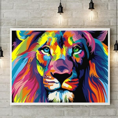 Kit d’animal multicolore style Pop-Art - diamond painting rond ou carré - Lion de face - Kit de broderie diamants - Le Roi Lion Simba Mufasa