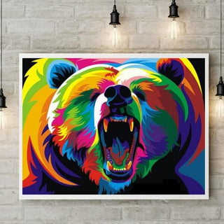 Kit d’animal multicolore style Pop-Art - diamond painting rond ou carré - Ours de face - Kit de broderie diamants - Grizzly bear