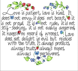 Le coeur en citation (L'Amour est Patient) - 31x28 cm - Kit de broderie Kit de broderie au point de croix Brodeuses.com