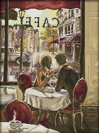 Les amoureux au café - 39x50 à 47x61 cm - Kit de broderie Kit de broderie au point de croix 39 x 50 cm (14 pp) Brodeuses.com