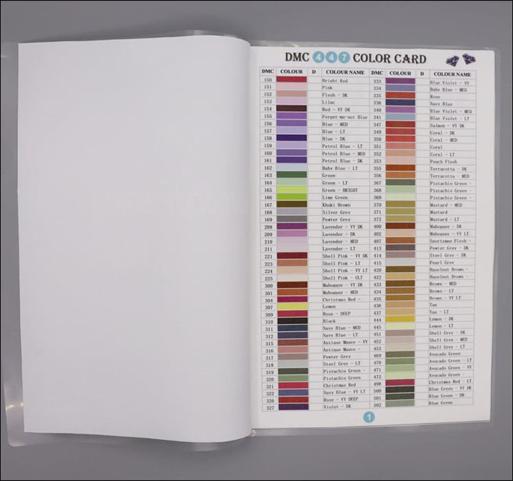 Nuancier DMC pour diamond painting et broderie point de croix avec échantillons de strass ronds ou carrés - carte des couleurs - livret A4