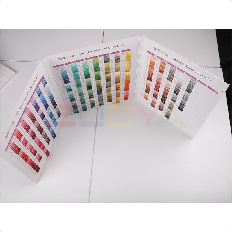Nuancier DMC pour diamond painting et broderie point de croix avec échantillons de strass ronds ou carrés - carte des couleurs - carte 3 volets