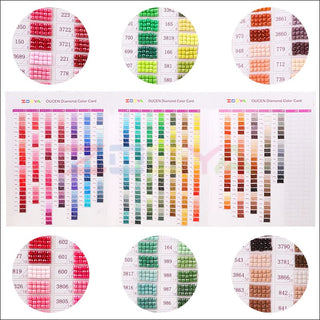 Nuancier DMC pour diamond painting et broderie point de croix avec échantillons de strass ronds ou carrés - carte des couleurs - carte 3 volets