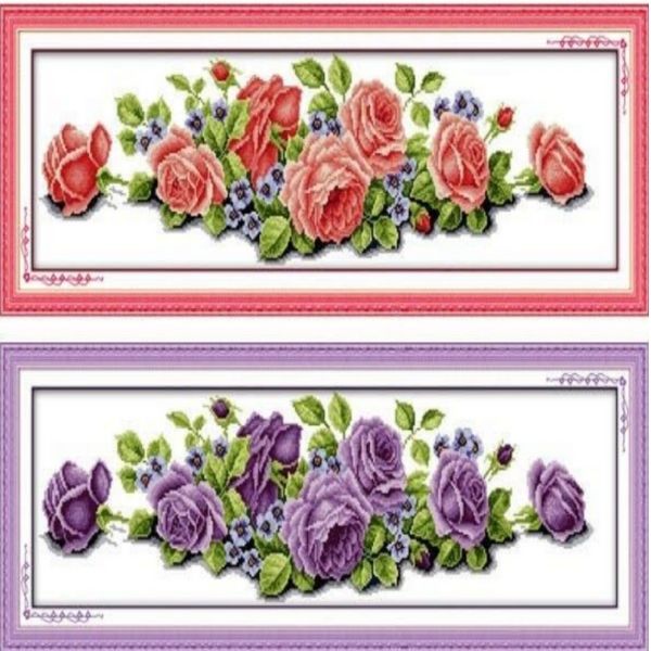 Parterre de roses roses ou mauves - 74x26 cm - Kit de broderie Kit de broderie au point de croix Rose / 74 x 26 cm blanc Brodeuses.com