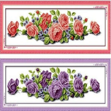 Parterre de roses roses ou mauves - 74x26 cm - Kit de broderie Kit de broderie au point de croix Rose / 74 x 26 cm blanc Brodeuses.com