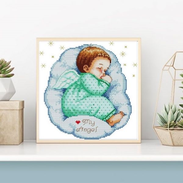Un ange de bébé endormi - Garçon ou fille - 25x27 cm - Kit de broderie Kit de broderie au point de croix Garçon Brodeuses.com