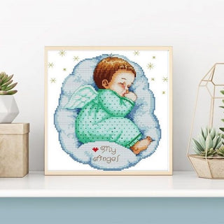 Un ange de bébé endormi - Garçon ou fille - 25x27 cm - Kit de broderie Kit de broderie au point de croix Garçon Brodeuses.com