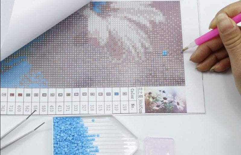 Un kit de diamond painting en cours de réalisation - diagramme de broderie diamants Un kit de diamond painting en cours de réalisation - diagramme de broderie diamants