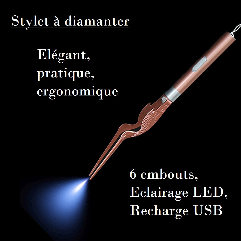 Stylo à strass lumineux avec 5 embouts pour broderie diamants - rechargeable avec batterie USB - stylet à diamanter diamond painting - drill pen - light drill tool