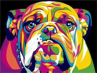Kit d’animal multicolore style Pop-Art - diamond painting rond ou carré - Bouledogue français de face - Kit de broderie diamants - Bulldog Dog