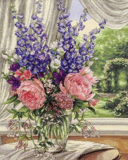 Bouquet de pivoines et de delphiniums - 40x48 à 60x72 cm - Kit de broderie Kit de broderie au point de croix 40 x 48 cm Brodeuses.com