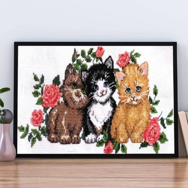 Kit Broderie Point De Croix 'Chats En Attente' - Tissu Aïda 14 Fils, 35x33 Cm, Fils Coton égyptien