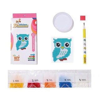 Mini-kit de diamond painting autocollant pour enfants - chouette bleue ou hibou bleu oiseau de nuit - blue owl