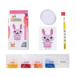 Mini-kit de diamond painting autocollant pour enfants - lapin rose en robe - rose rabbit in a robe