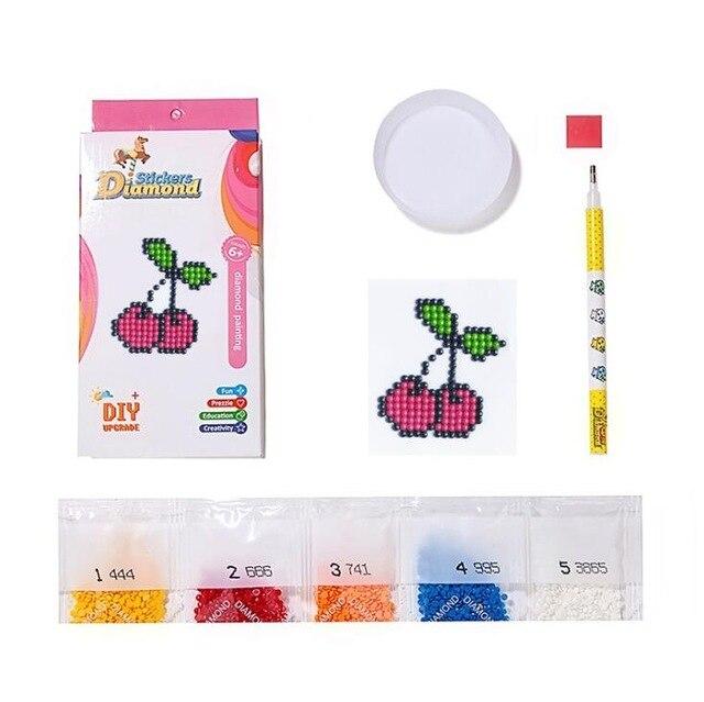 Mini-kit de diamond painting autocollant pour enfants - cerises et feuilles - cherries and leaves