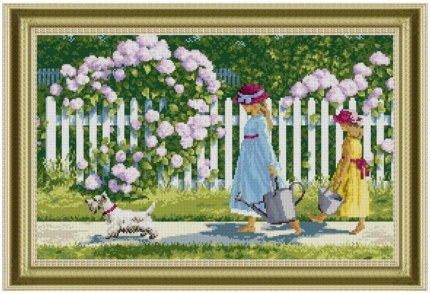 Jeunes filles au jardin - 44x31 à 66x45 cm - Kit de broderie Kit de broderie au point de croix 44 x 31 cm Brodeuses.com
