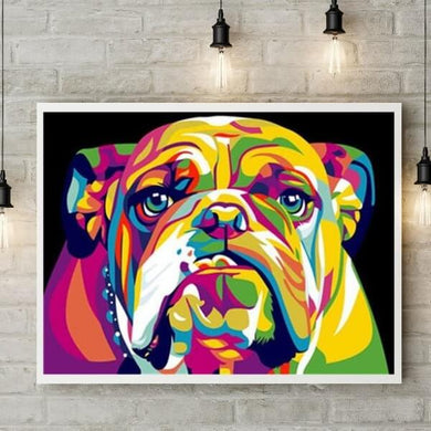 Kit d’animal multicolore style Pop-Art - diamond painting rond ou carré - Bouledogue français de face - Kit de broderie diamants - Bulldog Dog