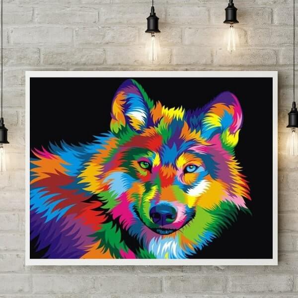 Kit d’animal multicolore style Pop-Art - diamond painting rond ou carré - Loup - Kit de broderie diamants - Wolf