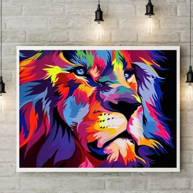 Kit d’animal multicolore style Pop-Art - diamond painting rond ou carré - Lion de profil - Kit de broderie diamants - Le Roi Lion Simba Mufasa