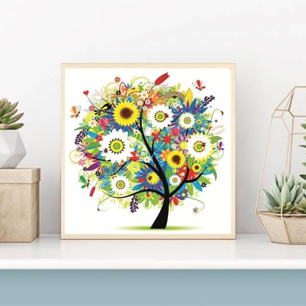 Les 4 saisons en arbres stylisés - Kit de diamond painting - Kit de broderie diamants - Modèle Multicolore / Été - Perles rondes - Brodeuses.com