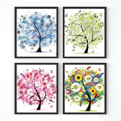 Les 4 saisons en arbres stylisés - Kit de diamond painting - Kit de broderie diamants - Les 4 Modèles en décoration murale - Perles rondes - Brodeuses.com