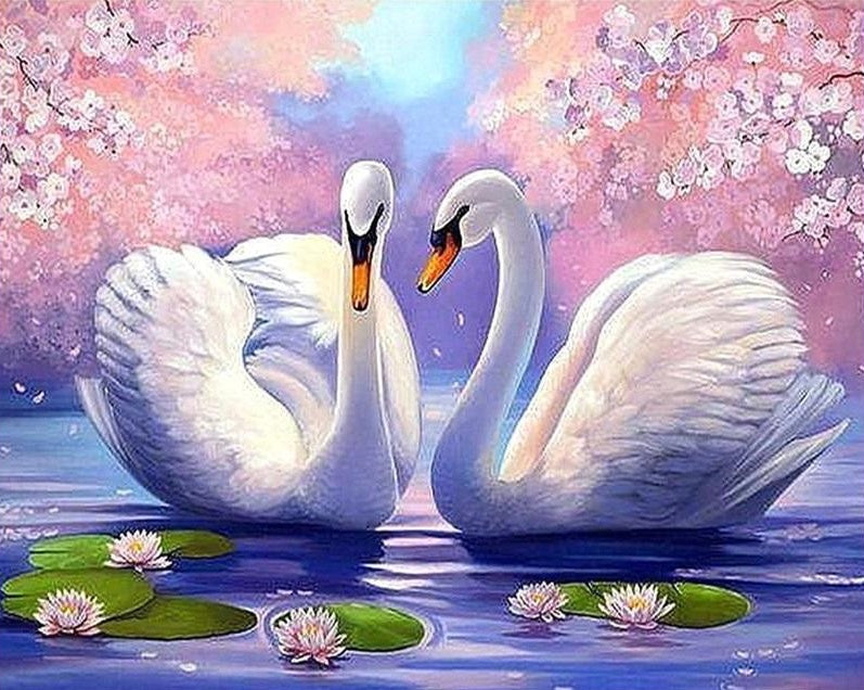 Le lac des cygnes amoureux - Kit de diamond painting - 30x25 à 65x50 cm Brodeuse.com