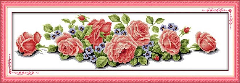 Parterre de roses roses ou mauves - Kit de broderie point de croix