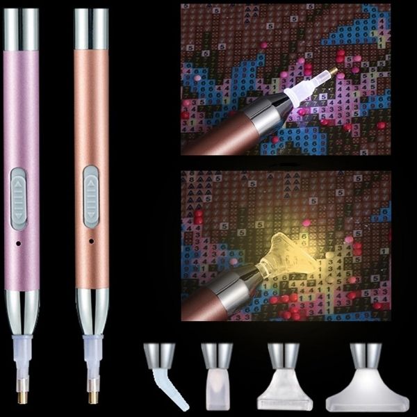 Stylo à strass lumineux avec 5 embouts pour broderie diamants - rechargeable avec batterie USB - stylet à diamanter diamond painting - drill pen - light drill tool