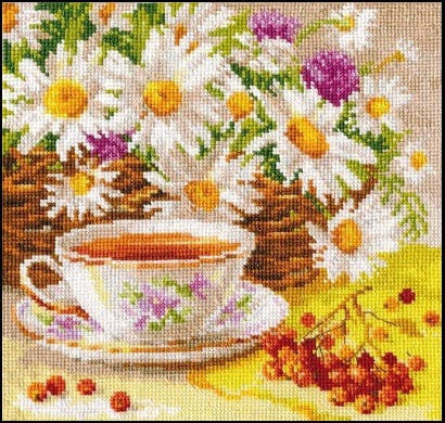 Tasse de thé fleurs et petite douceur - 28x28 cm - Kit de broderie Kit de broderie au point de croix Thé groseilles 5.5 fils blanc Brodeuses.com