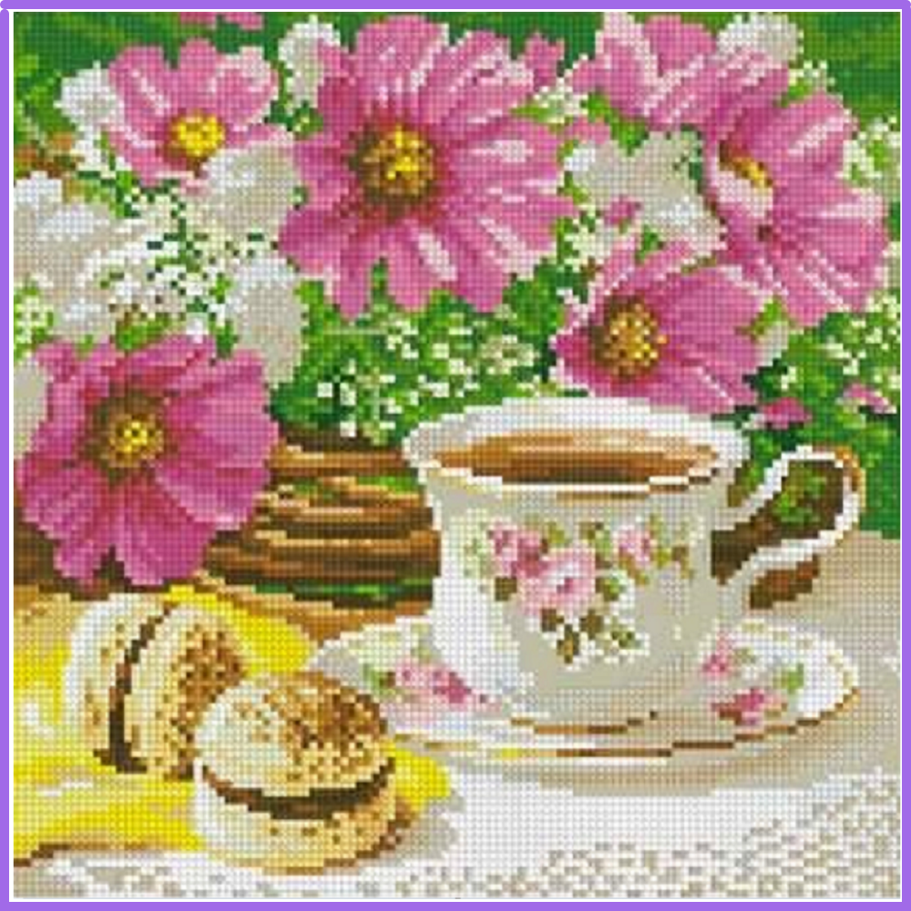 Tasse de thé fleurs et petite douceur - 28x28 cm - Kit de broderie Kit de broderie au point de croix Thé macarons 5.5 fils blanc Brodeuses.com