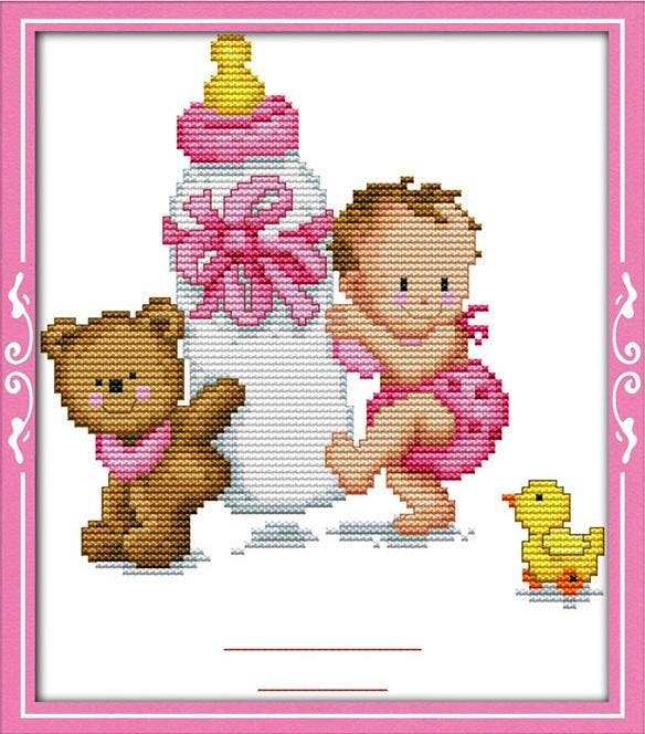 Un rve de bb au biberon (fille ou garon) - 22x26 cm - Kit de broderie Kit de broderie au point de croix Fille / 22 x 26 cm (5.5 fils) Brodeuses.com