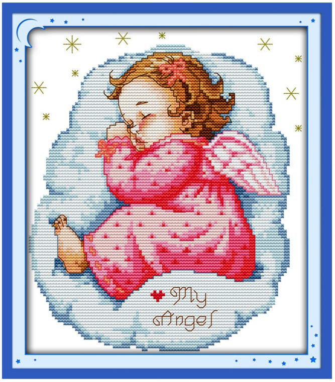 Un ange de bébé endormi - Garçon ou fille - 25x27 cm - Kit de broderie Kit de broderie au point de croix Garçon Brodeuses.com