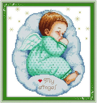 Un ange de bébé endormi - Garçon ou fille - 25x27 cm - Kit de broderie Kit de broderie au point de croix Garçon Brodeuses.com