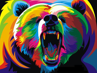 Kit d’animal multicolore style Pop-Art - diamond painting rond ou carré - Ours de face - Kit de broderie diamants - Grizzly bear