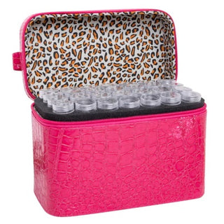 Vanity case imitation cuir avec poignée - 84 flacons transparent - rangement de perles - Mallette pour organiser les strass de diamond painting carrés ou ronds - couleur rose fuchsia