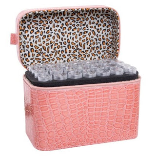 Vanity case imitation cuir avec poignée - 84 flacons transparent - rangement de perles - Mallette pour organiser les strass de diamond painting carrés ou ronds - couleur rose clair