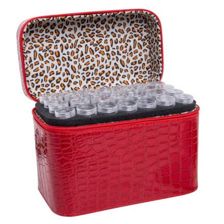 Vanity case imitation cuir avec poignée - 84 flacons transparent - rangement de perles - Mallette pour organiser les strass de diamond painting carrés ou ronds - couleur rouge